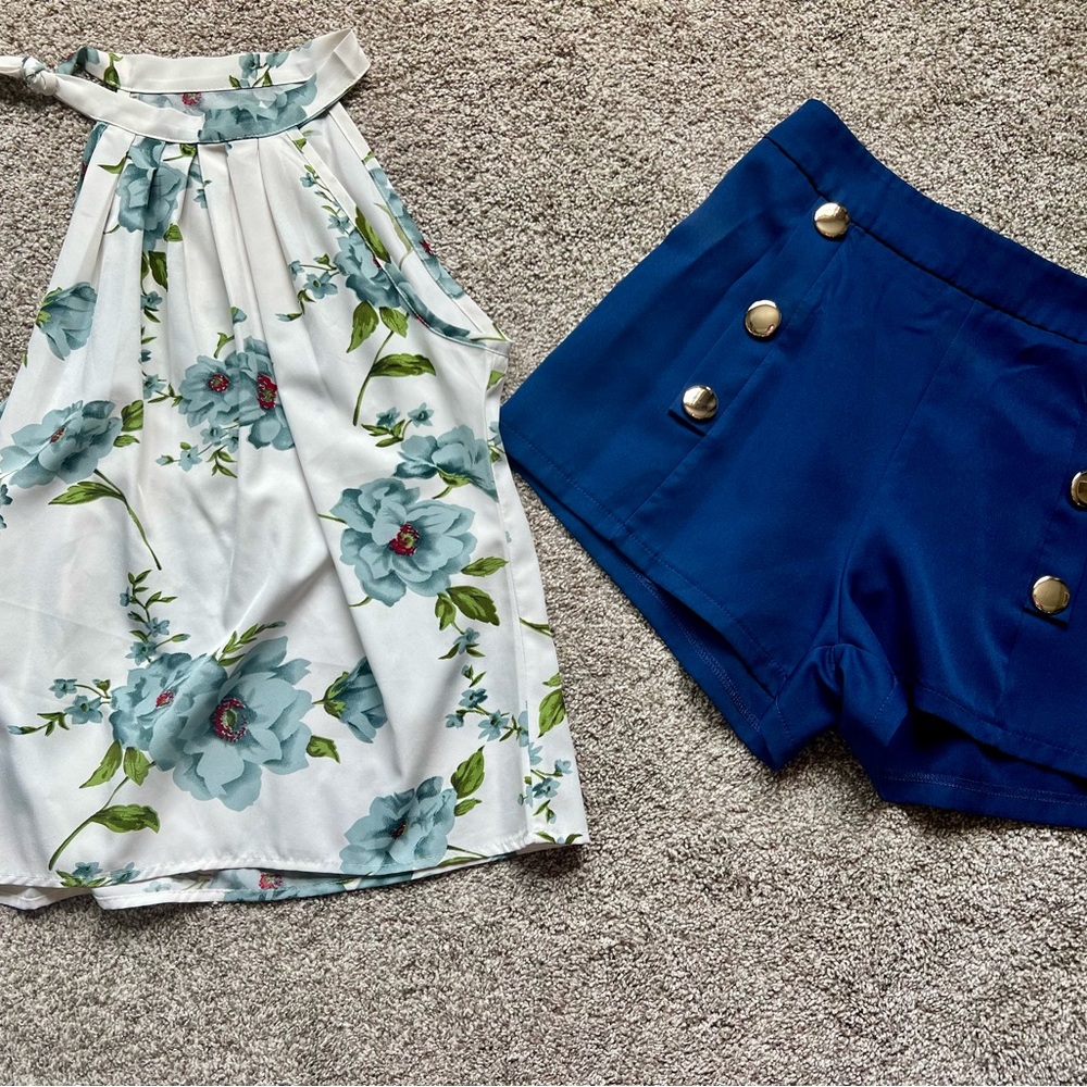 SHEIN Floral Halter Top - White and Blue